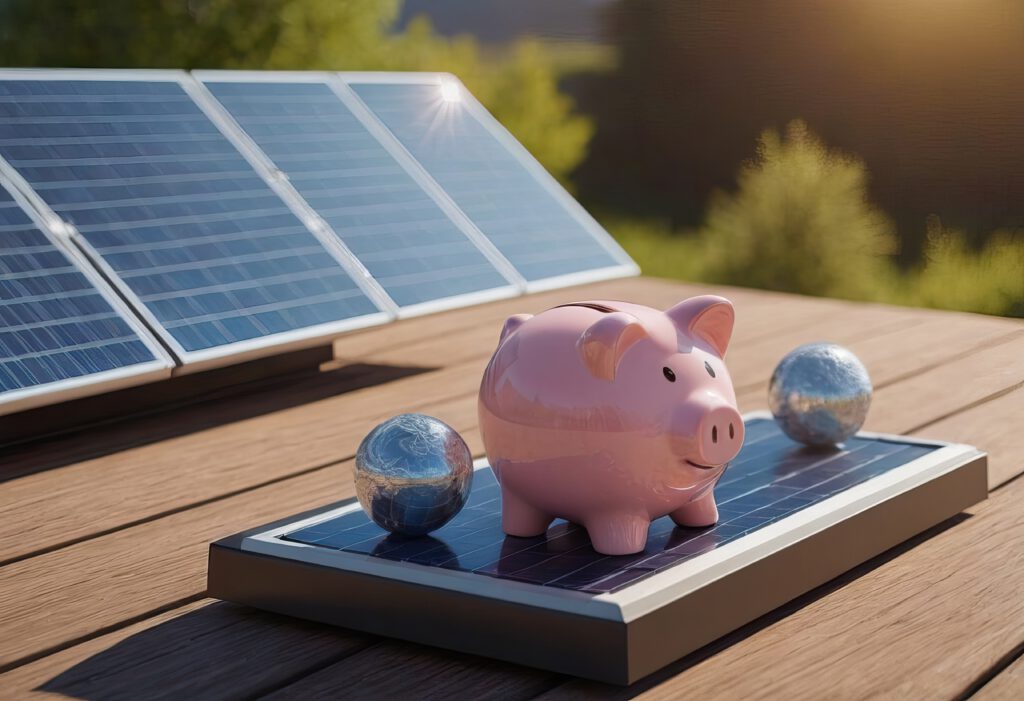 Ein niedliches Sparschwein thront anmutig auf einem glänzenden Solarpanel und präsentiert eine einzigartige Mischung aus Geldsparen und erneuerbarer Energie